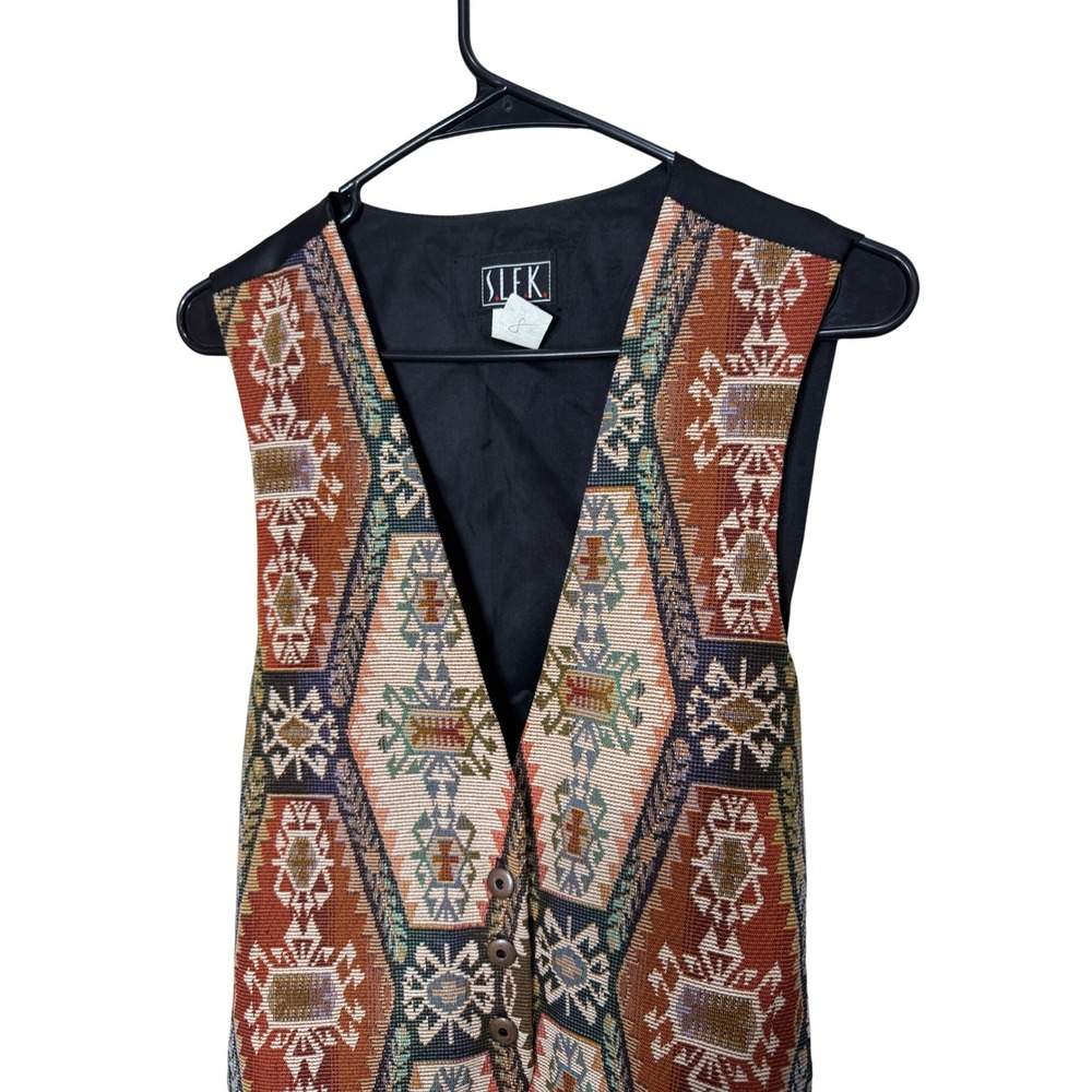 Vintage SLEK Tapestry Southwestern Geometric Print Vest Size M - Picture 2 of 6